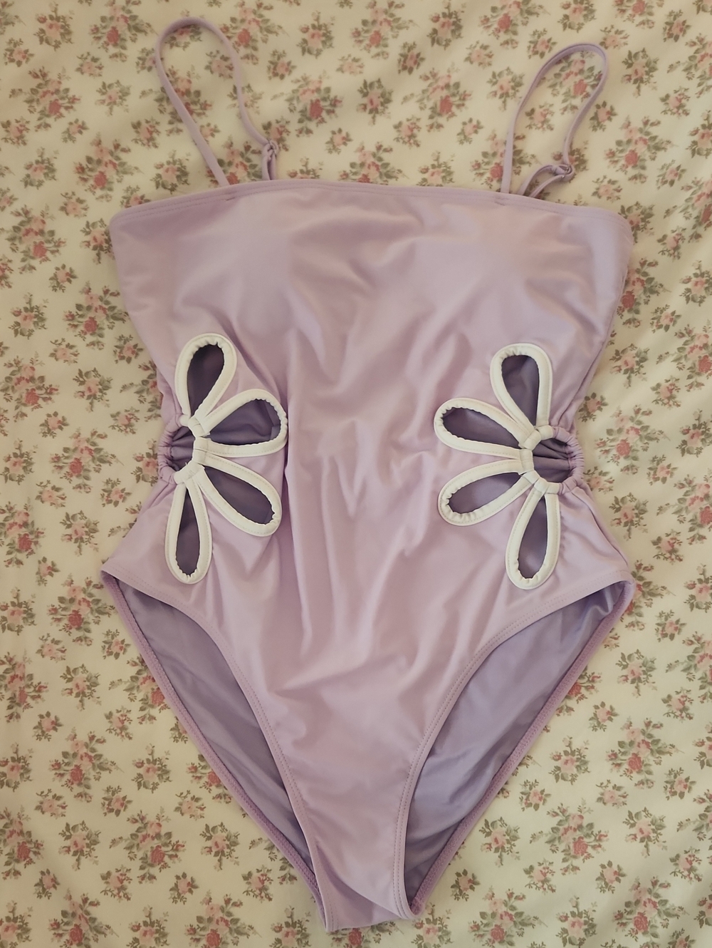 EUC Pink Lily Lilac One-Piece Swimsuit with White Floral Cutouts Size Large
